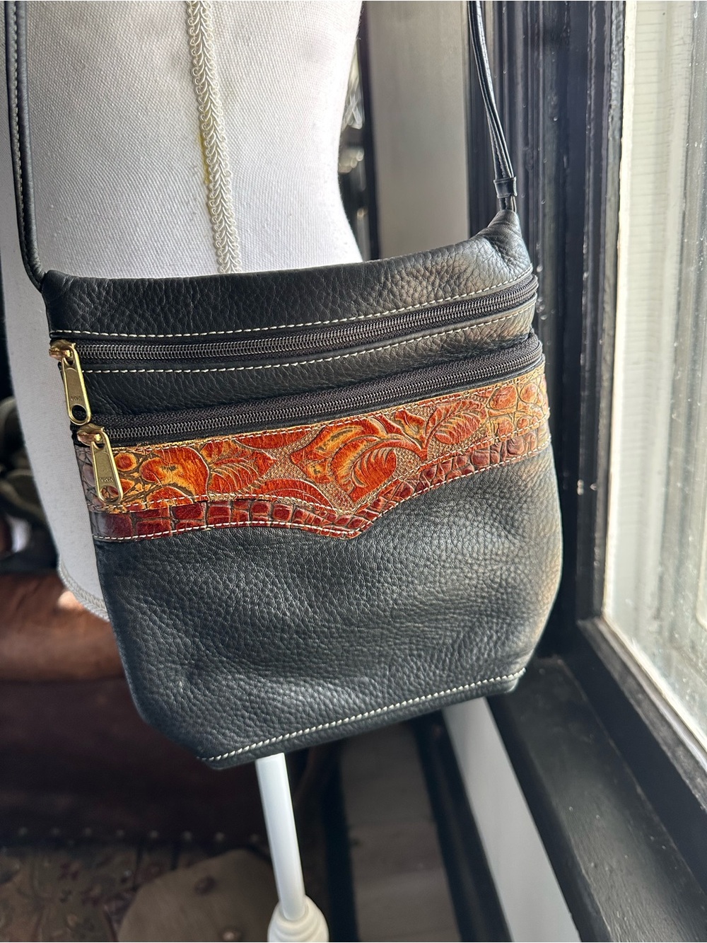 Leather western  Shoulder Bag with Embossed Floral Accent - Black & Orange
